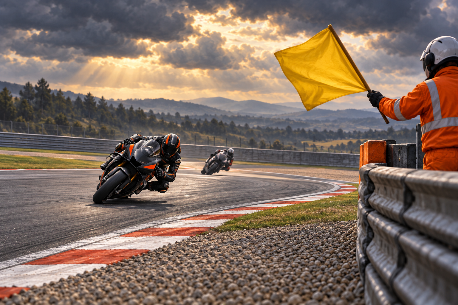 Illustration of motorcycle racers passing a marshal holding a yellow flag behind a safety barrier.